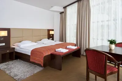 a hotel room with a bed and a desk and a table at Hotel Ankora in Prague