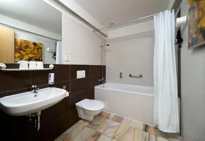 a bathroom with a sink and a toilet and a shower at Hotel Ankora in Prague
