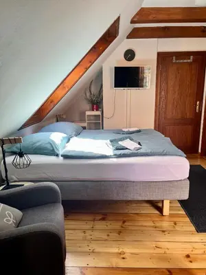 a bedroom with a bed with a tv on top at Apartman Mala Strana -Piece and quiet in Prague