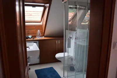 a bathroom with a toilet and a glass shower at Apartman Mala Strana -Piece and quiet in Prague