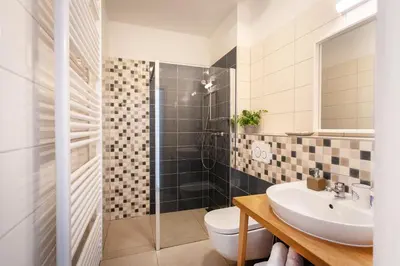 a bathroom with a toilet and a sink and a shower at Penzion Labska Marina in Poděbrady