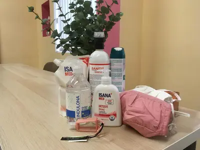 a table with a bunch of hygiene products on it at Hotel Dar in Prague