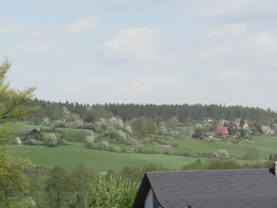 a view of a green field with a house at Rekreacni Dum Brdy in Ohrazenice