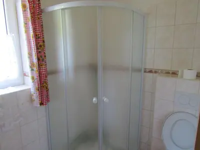 a shower stall in a bathroom with a toilet at Rekreacni Dum Brdy in Ohrazenice