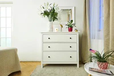 a white dresser with a vase of flowers on it at Royal Route Residence in Prague