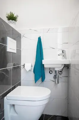 a bathroom with a white toilet and a sink at Hanan's Benedikt in Prague