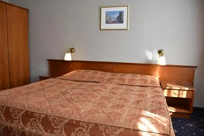 a bedroom with a bed with a wooden head board at Arbes in Prague