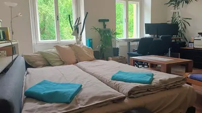 a large couch with two pillows on it in a living room at Park View - a digital Nomad's dream in Prague