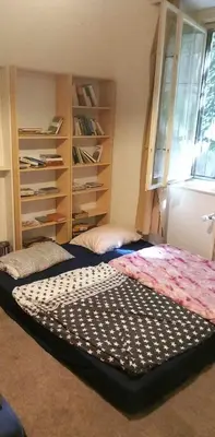 a bedroom with two beds and a book shelf at flat 18 minutes from Vaclavske namesti in Prague