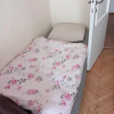 a small bed with pink flowers on it at flat 18 minutes from Vaclavske namesti in Prague
