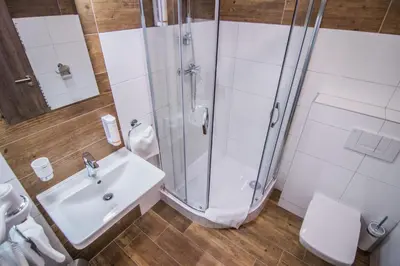 a bathroom with a shower and a sink and a toilet at Pension Viktorin in Poděbrady