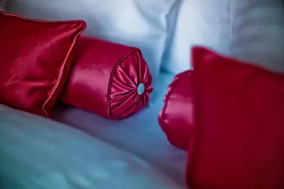 a red pillow and two red pillows on a bed at Design Hotel Jewel Prague in Prague