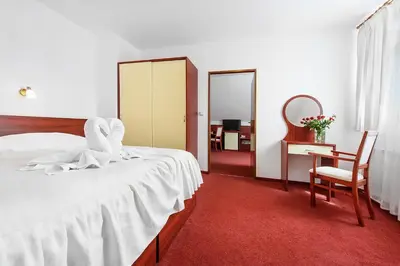 a bedroom with a bed and a desk and a mirror at Marie - Luisa in Prague