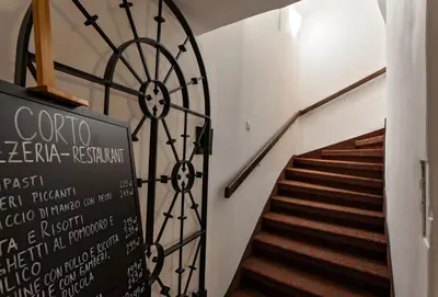 a staircase with a sign next to a stair case at Residence Corto Old Town in Prague