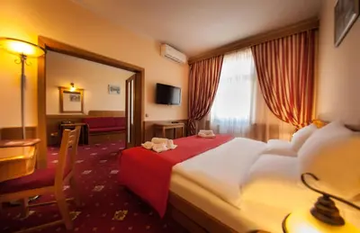 a hotel room with a large bed and a window at Hotel Askania in Prague