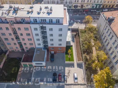 an overhead view of a building in a city at DownTown Suites Belohorska in Prague