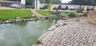 a pond in a driveway with cars parked in a parking lot at Statek 1738 in Všestudy