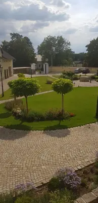 a cobblestone walkway with two trees in a park at Statek 1738 in Všestudy