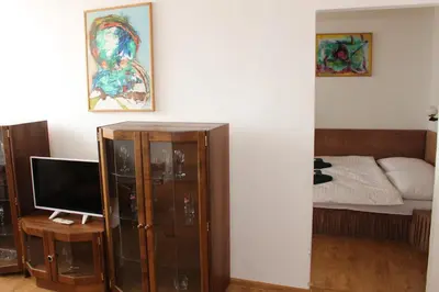a bedroom with a bed and a television and a cabinet at Hotel Černý kůň in Louny