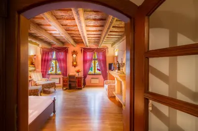 a living room with pink curtains and a wooden ceiling at The King Charles in Prague