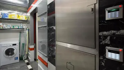 a kitchen with a washer and dryer in a room at METRO Apartment Prague by Main Train and Bus Station in Prague