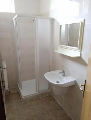 a white bathroom with a shower and a sink at Beta Pension in Prague