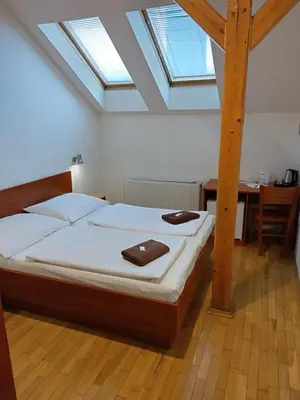 a bedroom with a bed and a desk in a room at Beta Pension in Prague