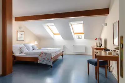 a bedroom with a bed and a desk and windows at Sibelius Apartments Prague - Art Nouveau Residence 1902 in Prague
