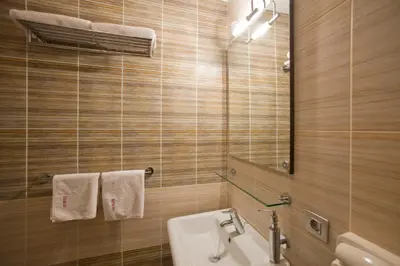 a bathroom with a sink and a mirror and towels at Dahlia Inn in Prague