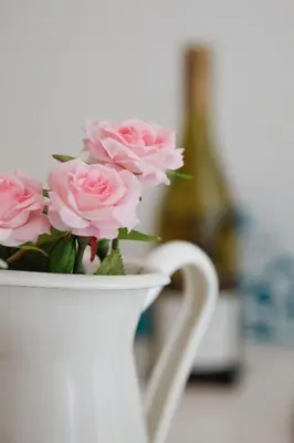 a white vase with pink roses in it at Luxury apartment Spálená in Prague