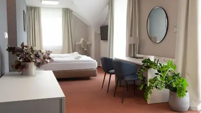 a bedroom with a bed and a desk with a chair at Penzion Solid Spa in Mladá Boleslav