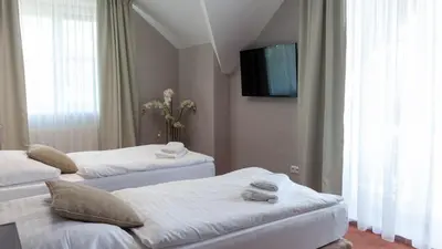 a bedroom with a bed and a desk and a mirror at Penzion Solid Spa in Mladá Boleslav