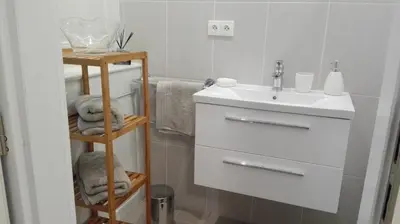 a bathroom with a sink and a toilet and a shelf at Jilská 449/14 in Prague