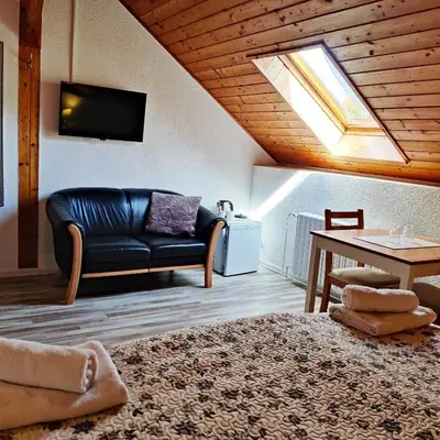 a living room with a couch and a table at Penzion Stranny in Stranný