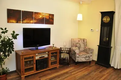 a living room with a flat screen tv and a chair at Atmospheric Quiet Apartment in Prague