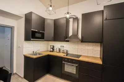 a kitchen with black cabinets and a sink at Brooklyn Sauna Apt by Ruterra in Prague