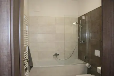 a bathroom with a bath tub and a shower at Karlín Apartment in Prague
