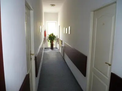 a hallway with a plant in the middle of it at Hotel Jerabek in Prague