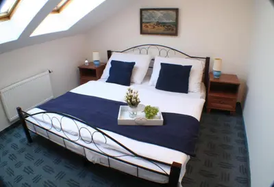 a bedroom with a large bed with blue and white sheets at Anette Hotel in Prague