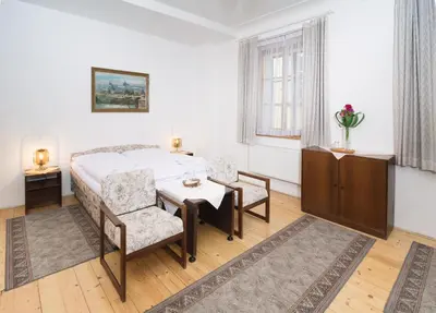 a bedroom with a bed and a table and chairs at Pension Dientzenhofer in Prague
