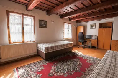 a bedroom with a bed and a desk in a room at Pension Dientzenhofer in Prague
