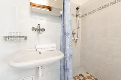 a white bathroom with a sink and a shower at Pension Dientzenhofer in Prague