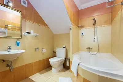 a bathroom with a toilet and a tub and a sink at Hotel Karlštejn & SPA in Karlštejn