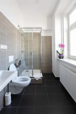a bathroom with a shower and a toilet and a sink at SlaBur Residence in Prague