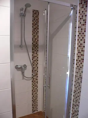 a shower in a bathroom with a glass door at Penzion Speller in Vysoký Újezd