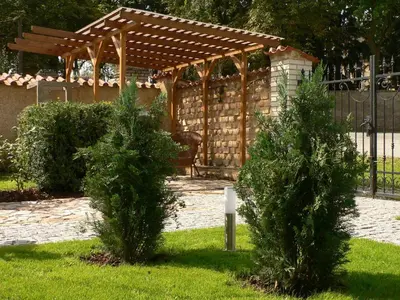 two bushes in a yard with a pergola at Penzion Speller in Vysoký Újezd