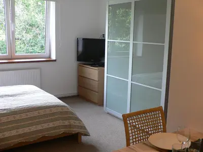 a bedroom with a bed and a tv and a cabinet at Penzion Speller in Vysoký Újezd
