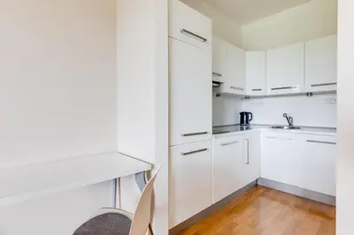 a kitchen with white cabinets and a sink at Teichmann Premium Apartments in Prague