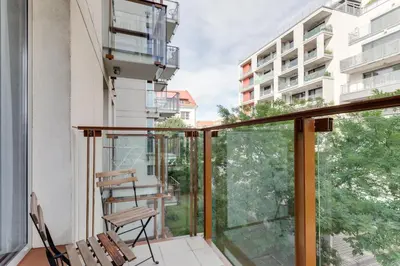 a balcony with a view of a building at Teichmann Premium Apartments in Prague