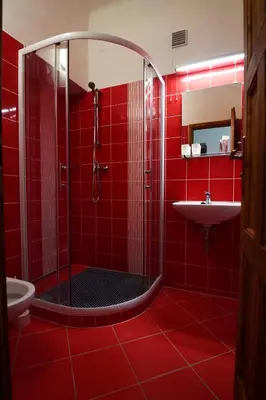 a red bathroom with a shower and a sink at Giotto Apartments in Prague